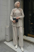 Stone colour stone-embellished shirt-collar modest two-piece set 26189TAS wholesale Turkey