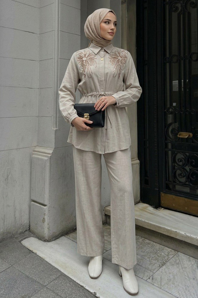 Stone colour stone-embellished shirt-collar modest two-piece set 26189TAS wholesale Turkey