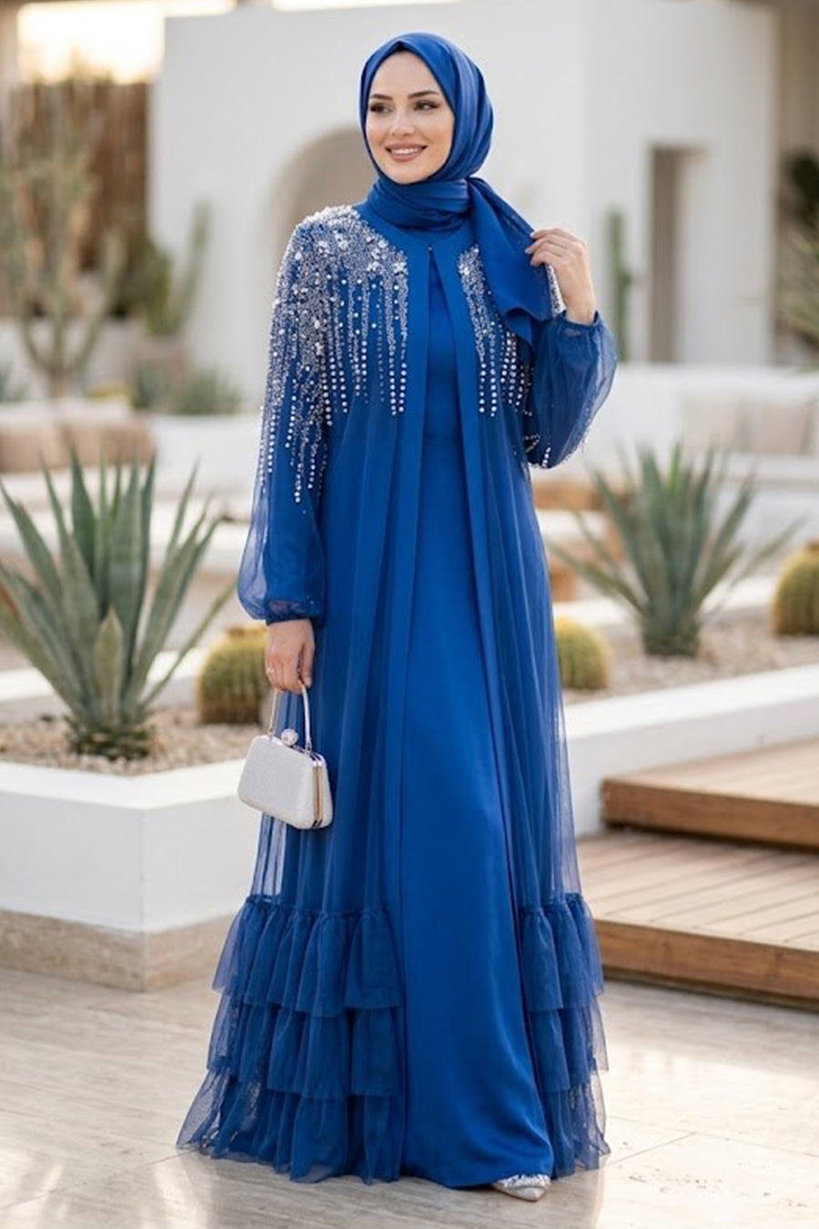 Stone-Embellished Dark Indigo Tulle Ruffled Modest Abaya 60882KIM