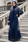 Stone-Embellished Navy Tulle Ruffled Modest Abaya 60882L