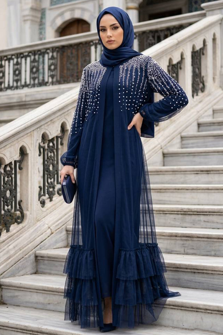 Stone-Embellished Navy Tulle Ruffled Modest Abaya 60882L