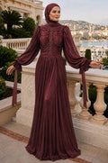 Stone Trim Stripe Draped Dark Burgundy Modest Evening Dress 5739KBR