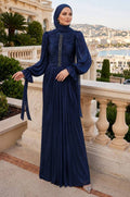 Stone Trim Stripe Draped Navy Blue Modest Evening Dress 5739L