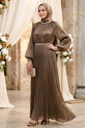 Dark Mink Stone-Collar Belted Luxury Modest Evening Dress 5719KV
