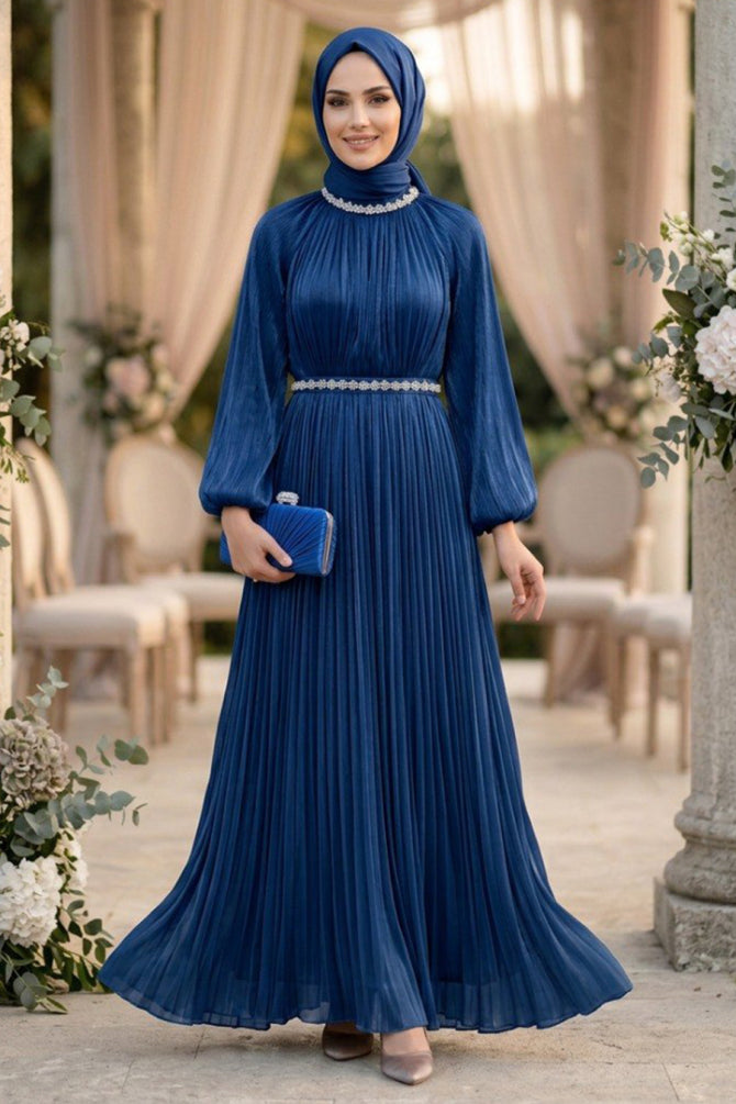 Navy Blue Stone-Collar Belted Luxury Modest Evening Dress 5719L