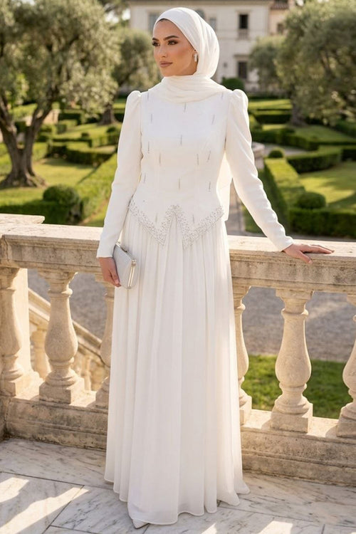 Adriana Stone-Detailed Ecru Modest Evening Dress 21592E
