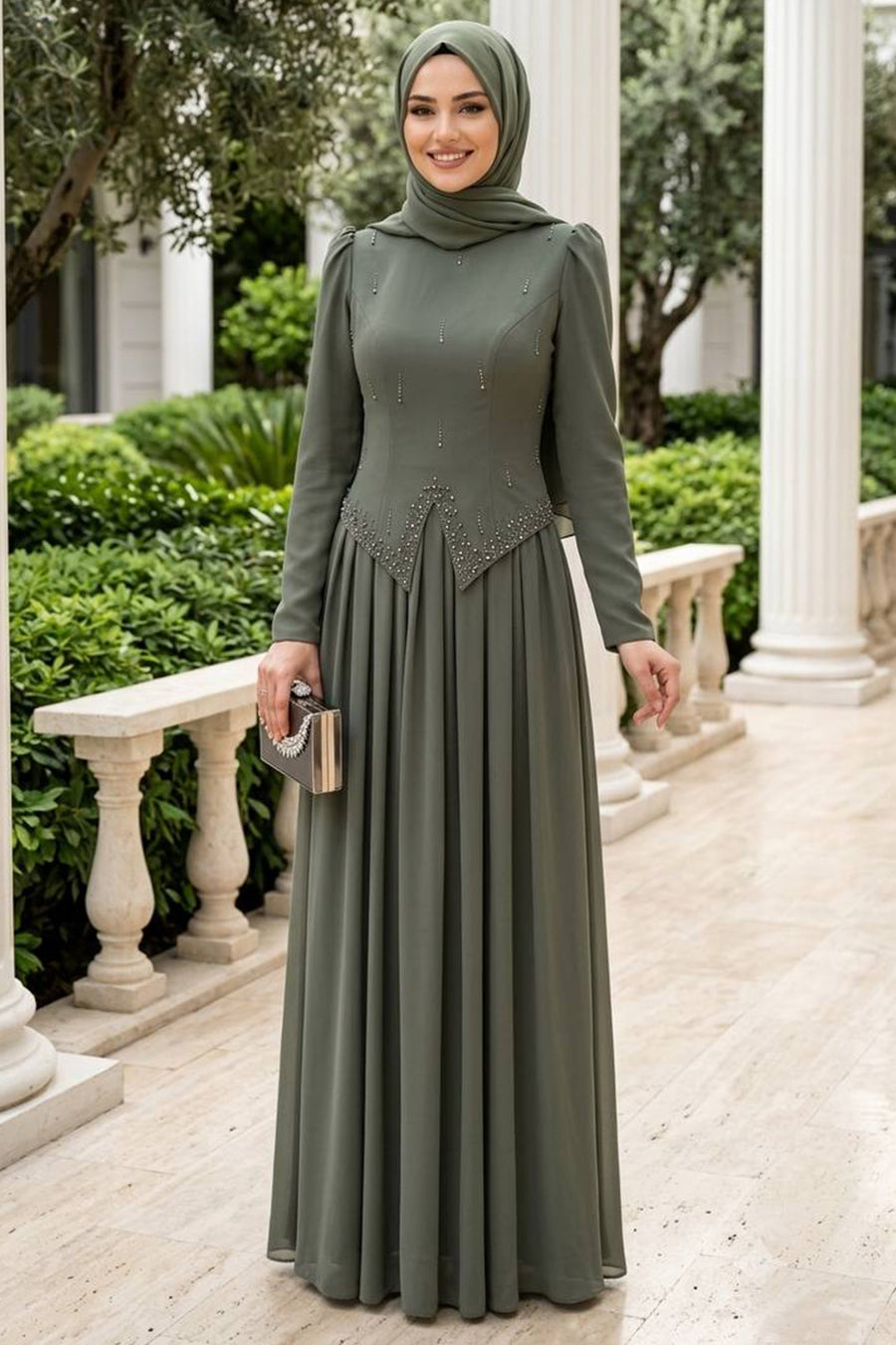 Adriana Stone-Detailed Dark Khaki Modest Evening Dress 21592KHK