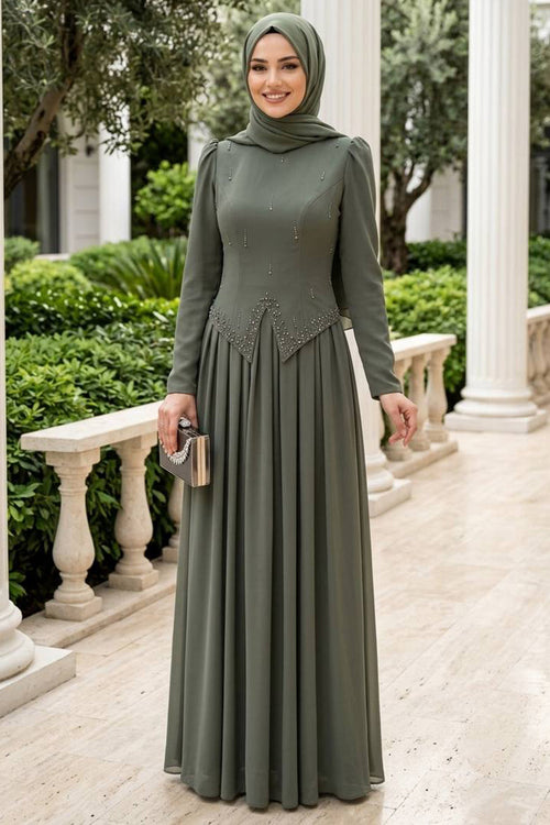 Adriana Stone-Detailed Dark Khaki Modest Evening Dress 21592KHK