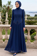 Adriana Stone-Detailed Dark Indigo Blue Modest Evening Dress 21592KIM