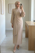 Balloon Sleeve Beige Modest Evening Dress 62251BEJ