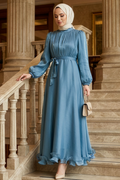Balloon Sleeve Indigo Blue Modest Evening Dress 6278IM
