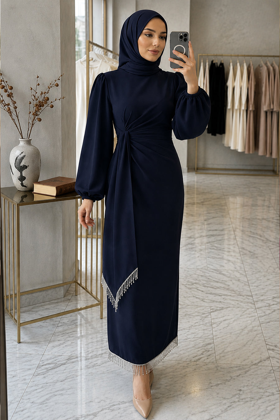Balloon Sleeve Dark Navy Modest Evening Dress 62251KL