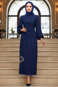 Balloon Sleeve Navy Modest Evening Dress 62251L