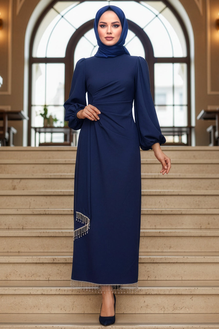 Balloon Sleeve Navy Modest Evening Dress 62251L
