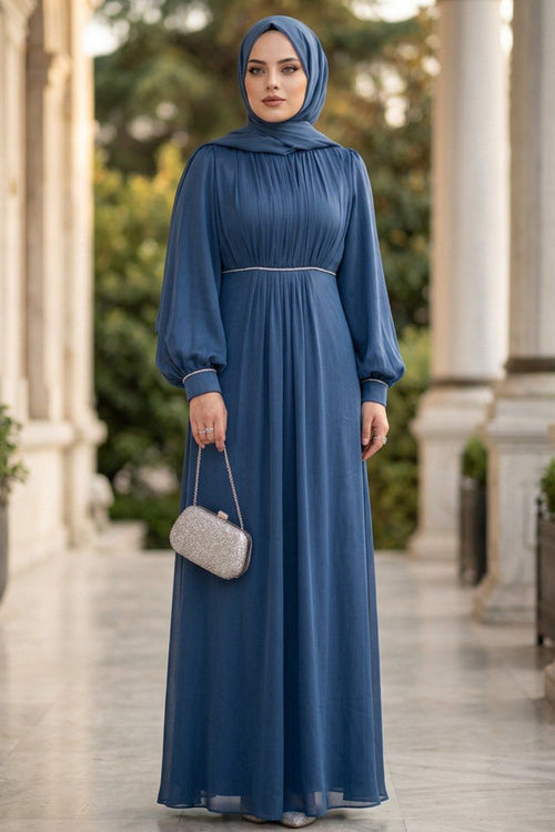 Balloon Sleeve Navy Modest Evening Dress 62312L