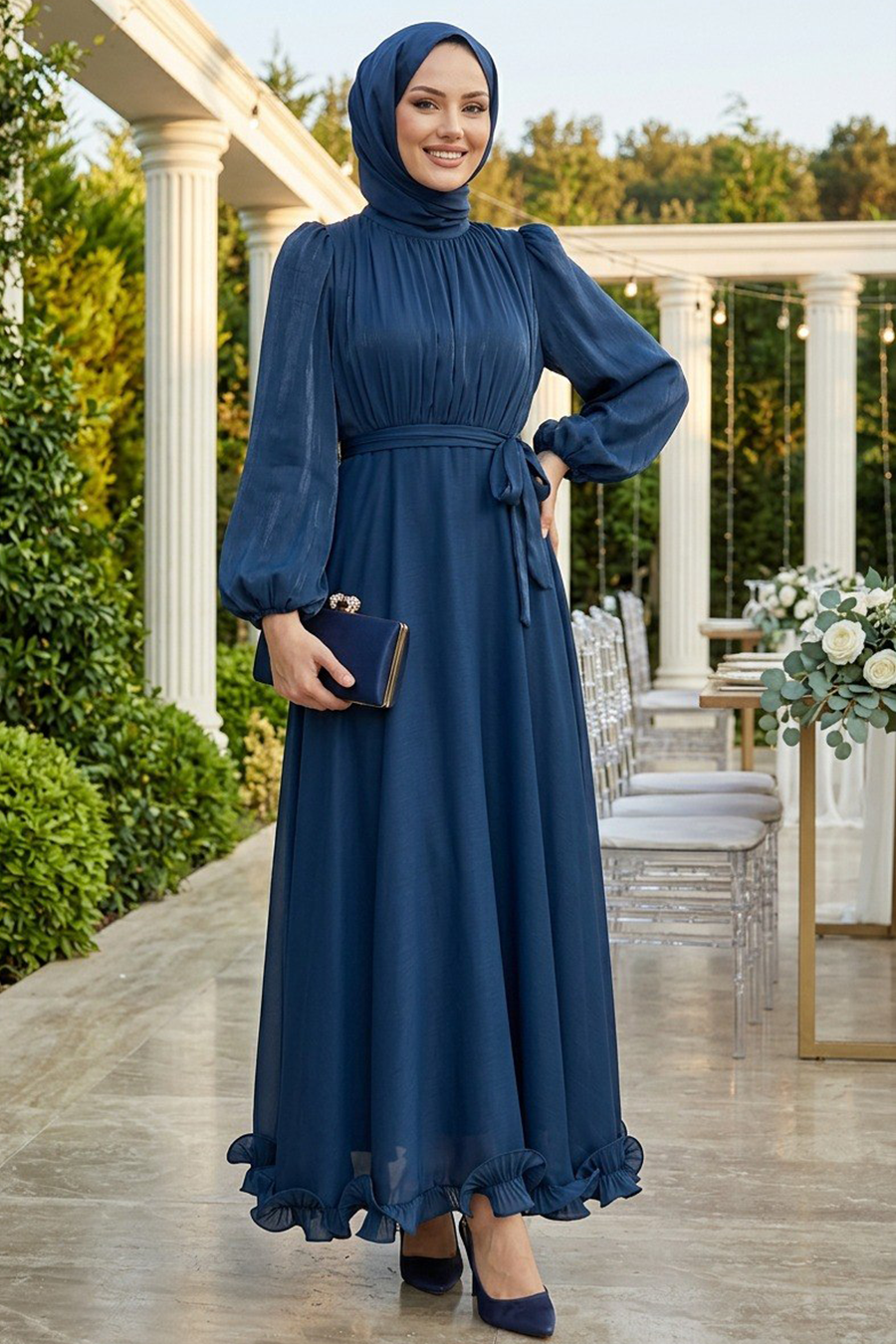 Balloon Sleeve Navy Modest Evening Dress 6278L