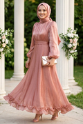 Balloon Sleeve Salmon Modest Evening Dress 6278SMN