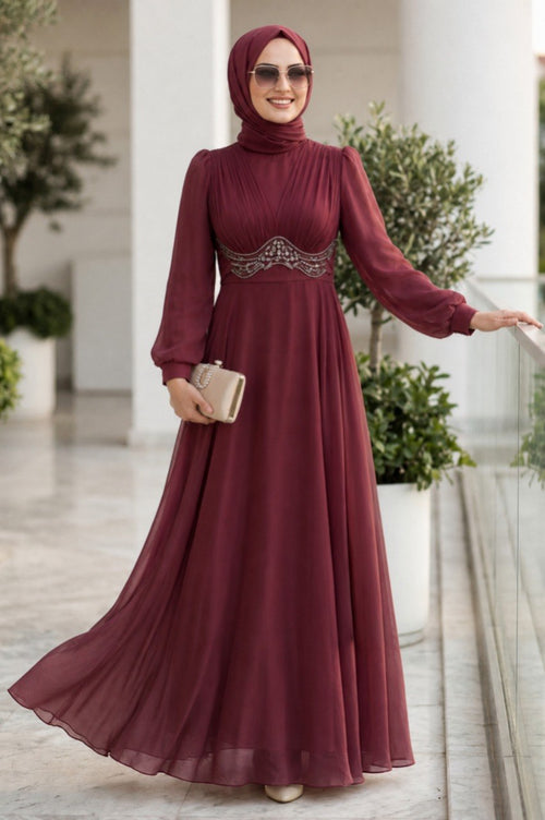 Bead-Detailed Burgundy Modest Evening Dress 6295BR