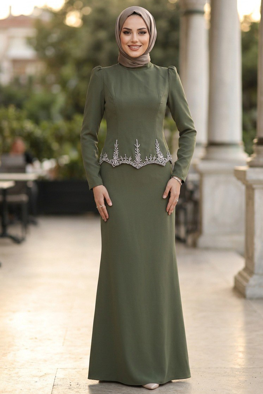 Beaded Khaki Modest Evening Dress 54191HK