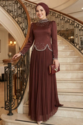 Bead-Detailed Brown Modest Evening Dress 55651KH
