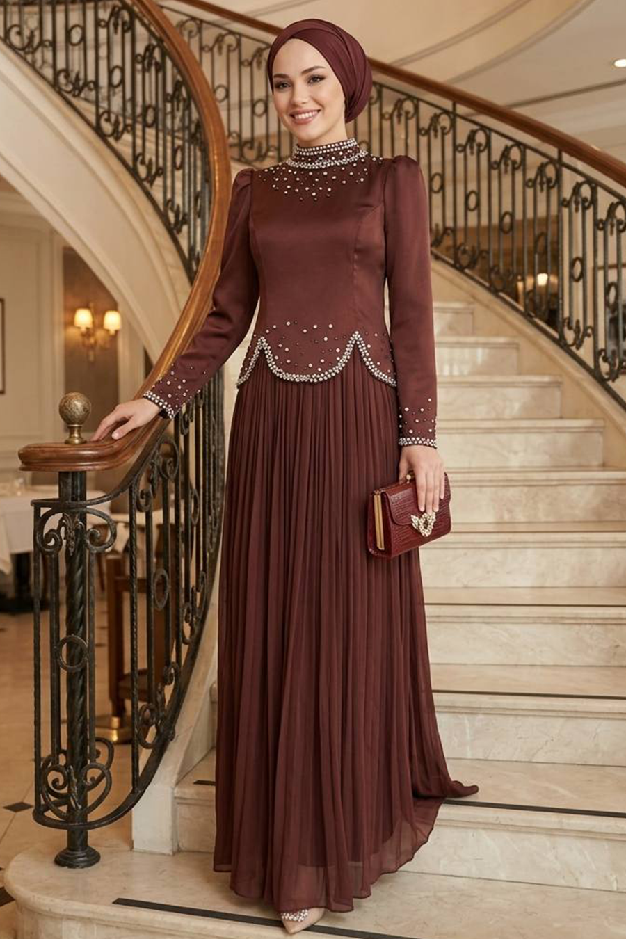 Bead-Detailed Brown Modest Evening Dress 55651KH