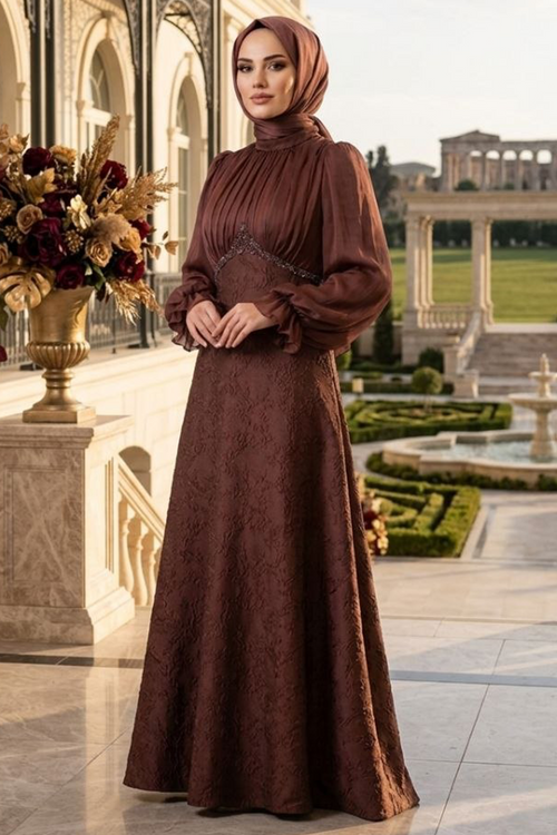 Bead-Detailed Brown Modest Evening Dress 80178KH