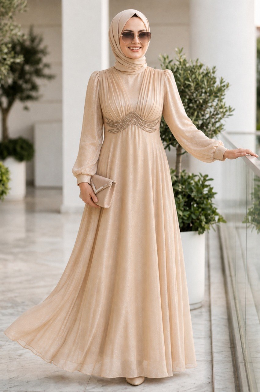 Bead-Detailed Dark Beige Modest Evening Dress 6295KBEJ