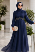 Bead-Detailed Navy Modest Evening Dress 6295L