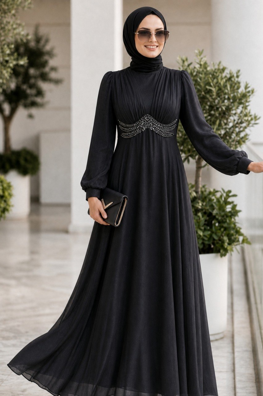 Bead-Detailed Black Modest Evening Dress 6295S