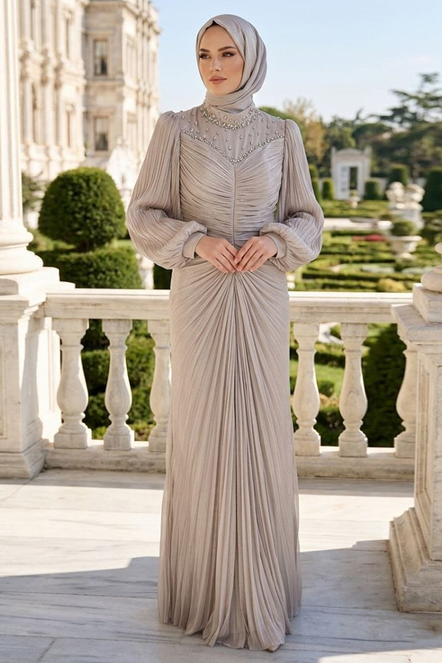 Bead-Embroidered Shimmer Beige Modest Evening Dress 56161BEJ