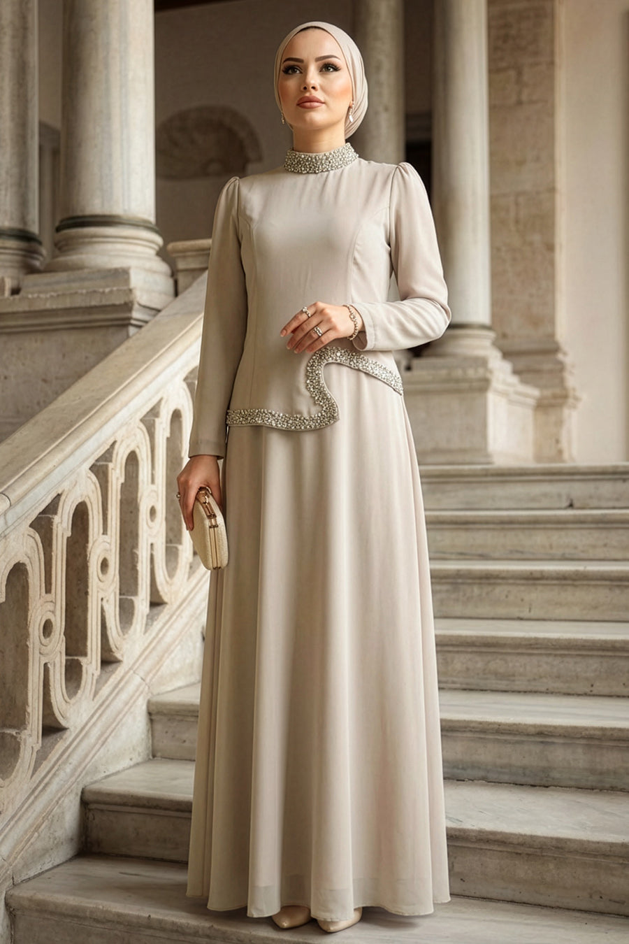 Bead-Embroidered Beige Modest Evening Dress 48081BEJ