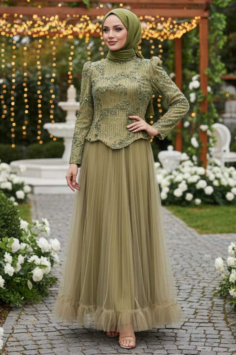 Bead-Embroidered Khaki Modest Evening Dress 55041HK