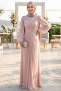 Bead-Embroidered Shimmer Powder Pink Modest Evening Dress 56161PD