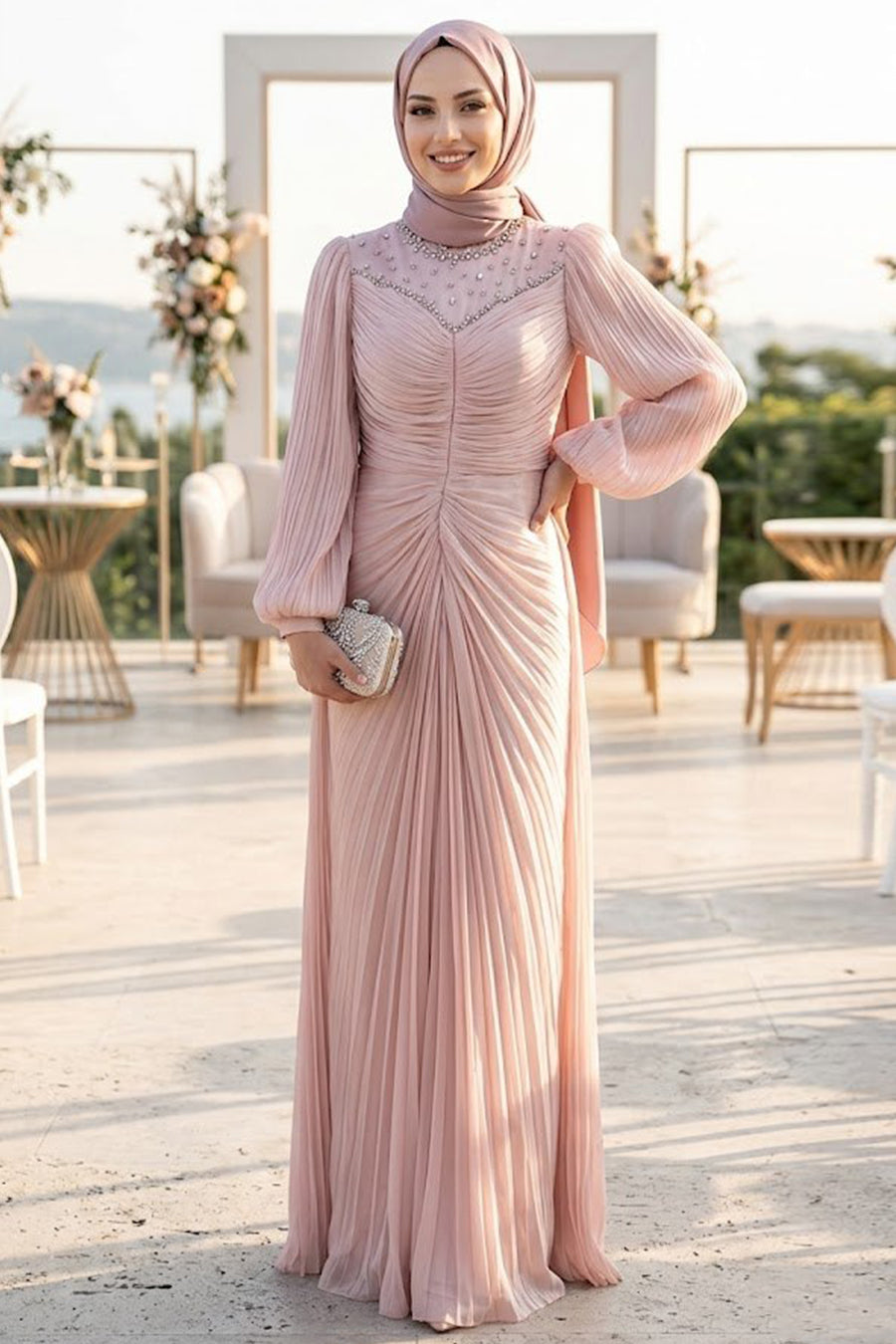 Bead-Embroidered Shimmer Powder Pink Modest Evening Dress 56161PD