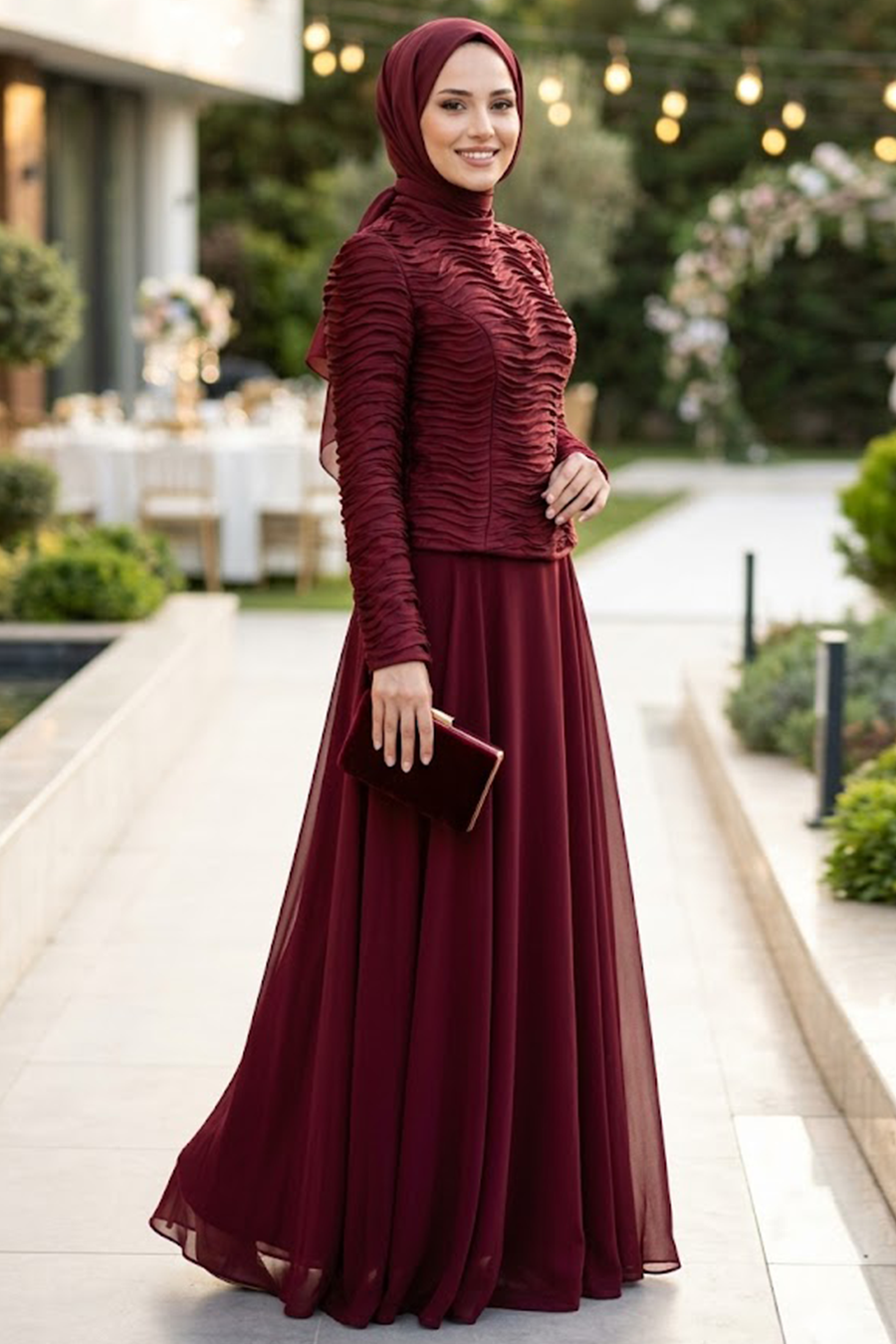 Ruched-Detailed Burgundy Modest Evening Dress 54912BR