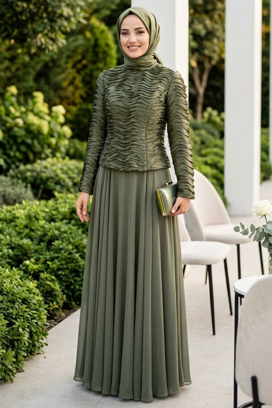 Ruched-Detailed Khaki Modest Evening Dress 54912HK