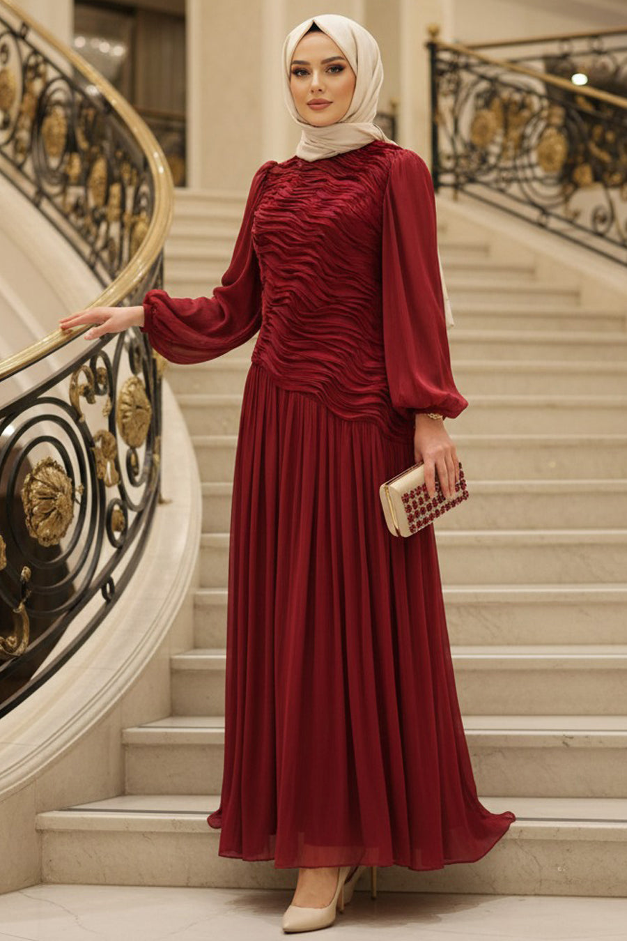 Wave-Pattern Ruched Burgundy Modest Evening Dress 5538BR