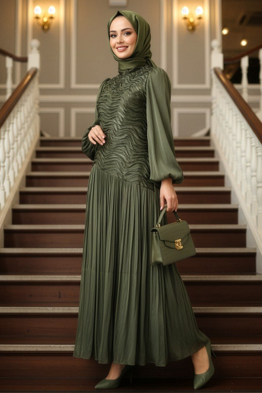 Wave-Pattern Ruched Khaki Modest Evening Dress 5538HK