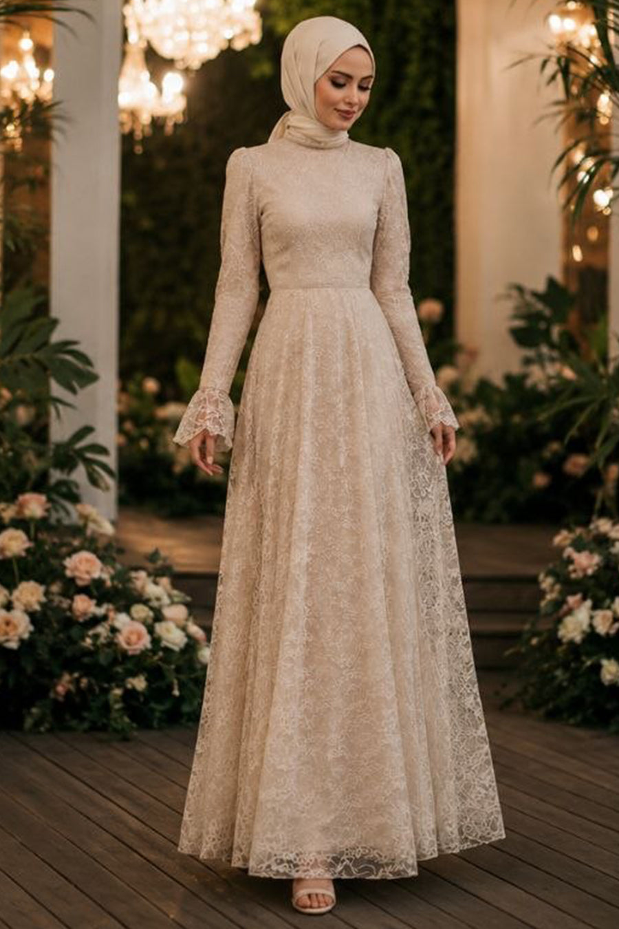Lace-Detailed Beige Modest Evening Dress 6294BEJ
