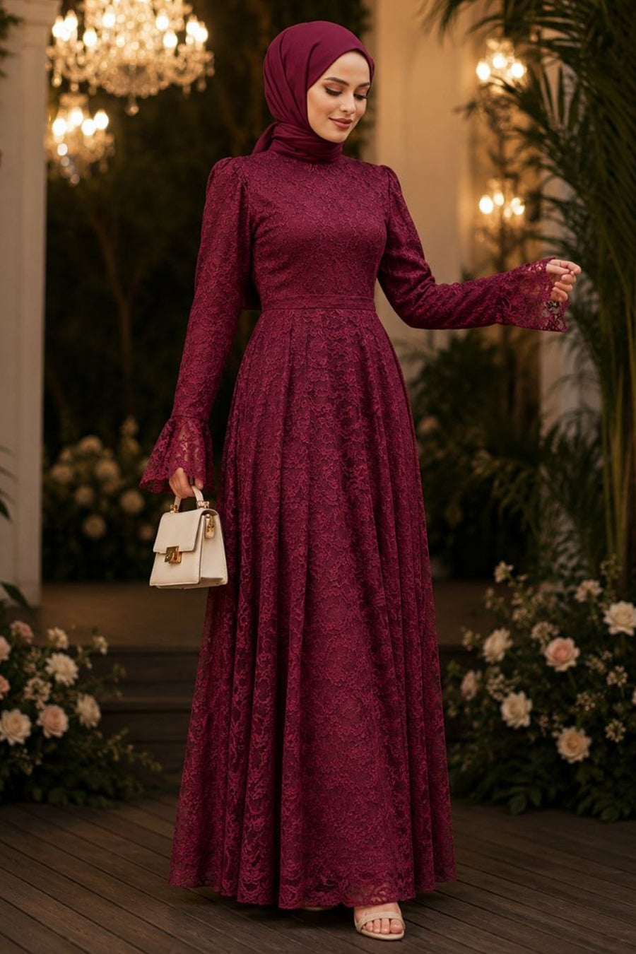 Lace-Detailed Burgundy Modest Evening Dress 6294BR