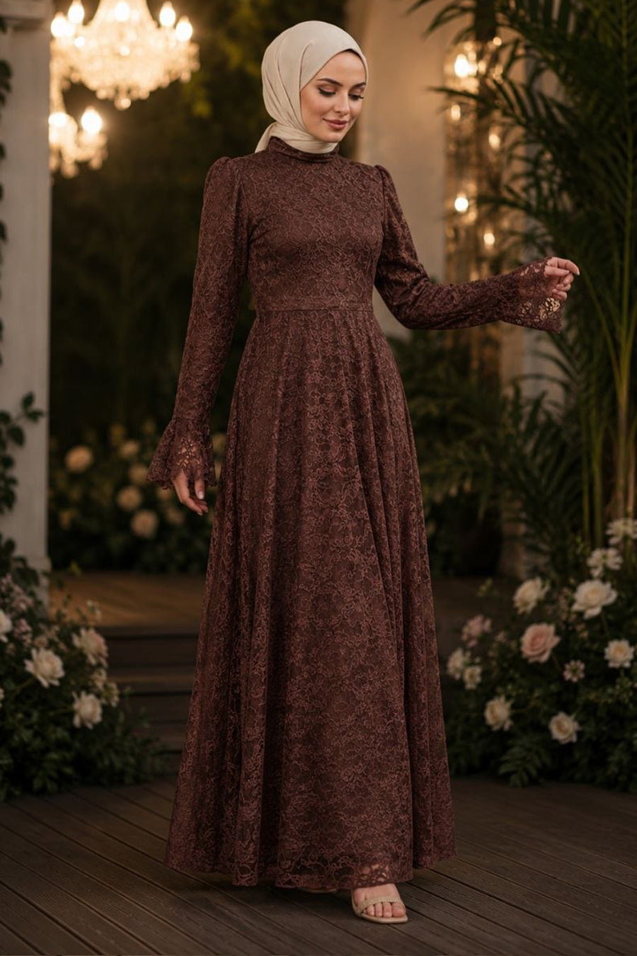 Lace-Detailed Brown Modest Evening Dress 6294KH