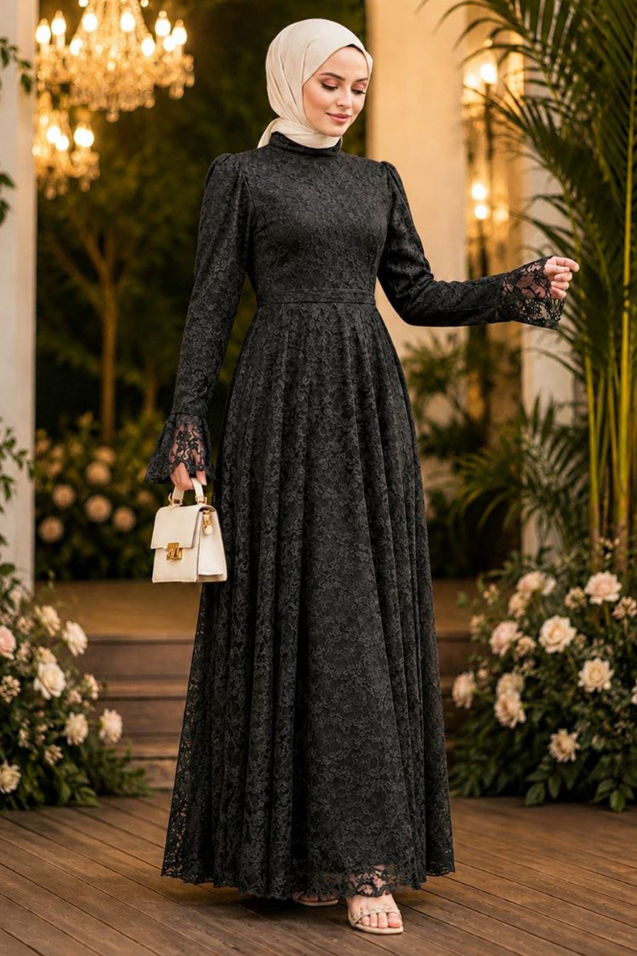 Lace-Detailed Black Modest Evening Dress 6294S