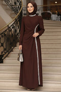 Drape-Detailed Dark Brown Modest Evening Dress 48561KKH