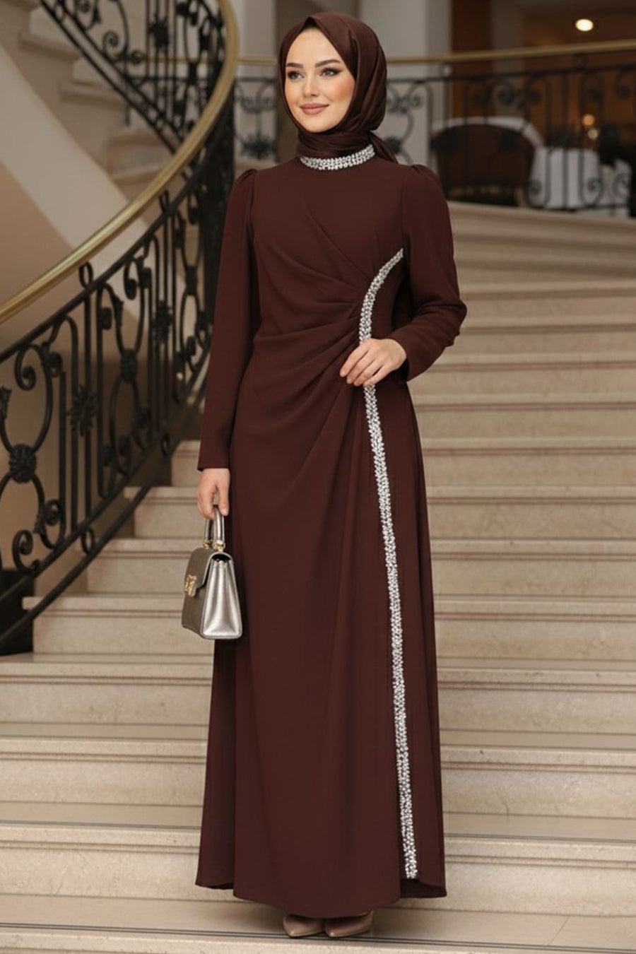 Drape-Detailed Dark Brown Modest Evening Dress 48561KKH