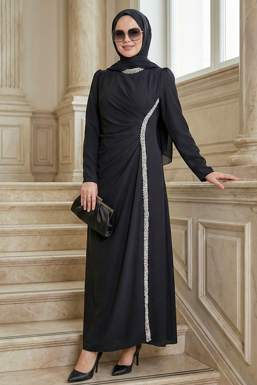 Drape-Detailed Black Modest Evening Dress 48561S