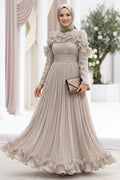 Ruffled Pleated Shimmer Beige Modest Evening Dress 55691BEJ