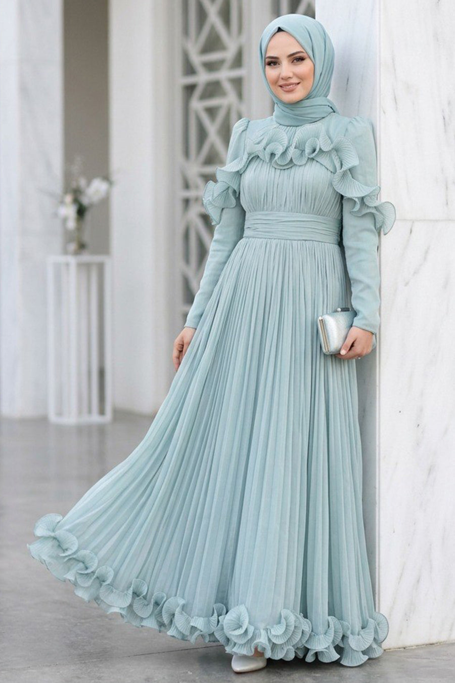 Ruffled Pleated Shimmer Almond Green Modest Evening Dress 55691CY
