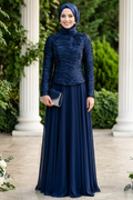 Ruffle-Detailed Navy Modest Evening Dress 54912L