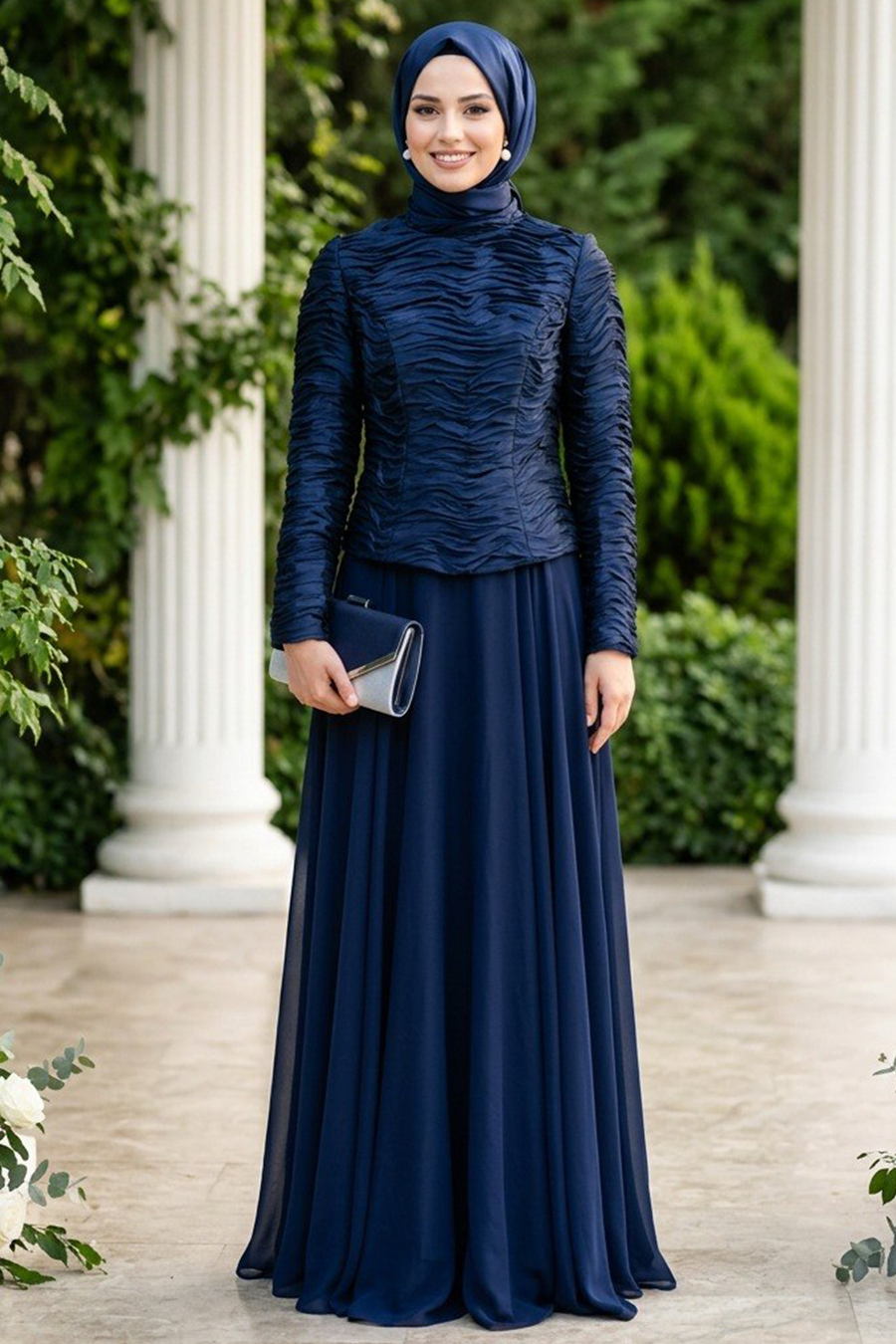 Ruffle-Detailed Navy Modest Evening Dress 54912L