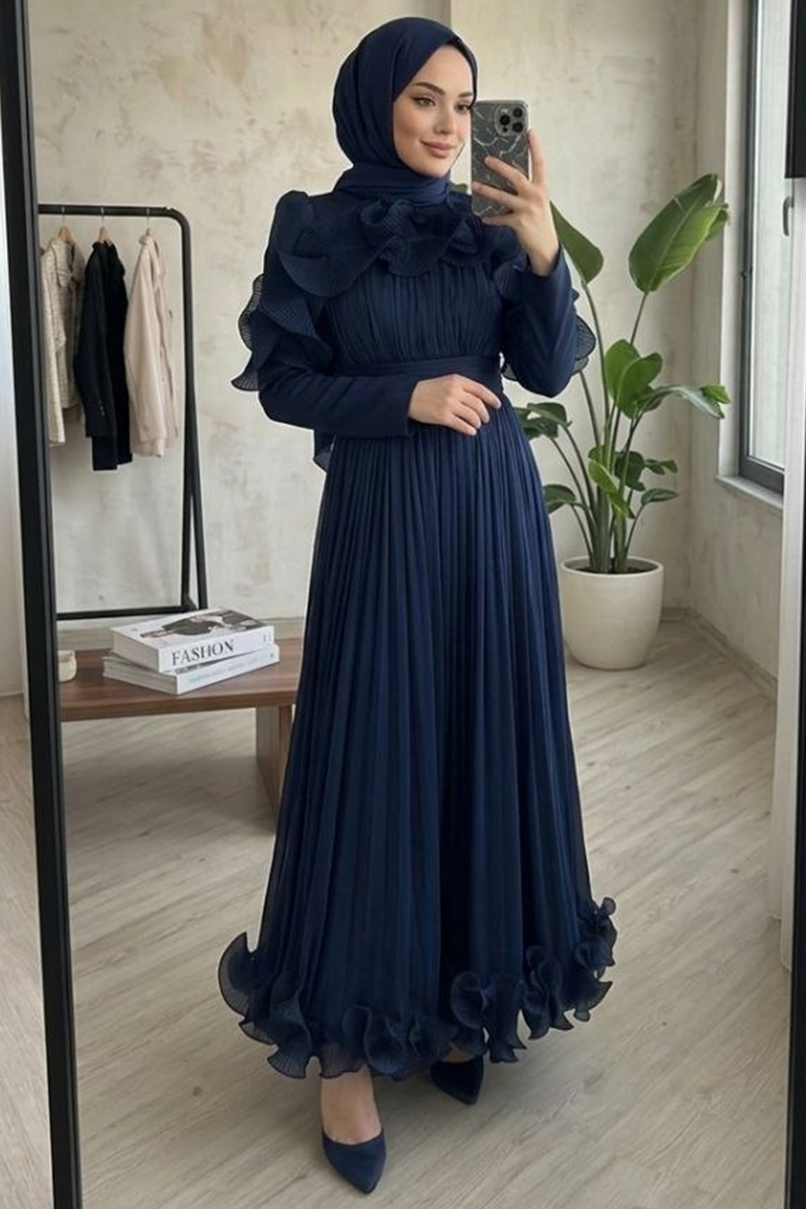Ruffled Pleated Shimmer Navy Modest Evening Dress 55691L
